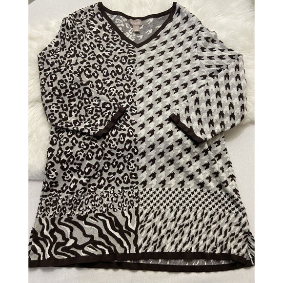 Chico's Sweaters - Chico's Size 2 Large Brown Animal & Houndstooth Print 3/4 Sleeve Tunic Sweater